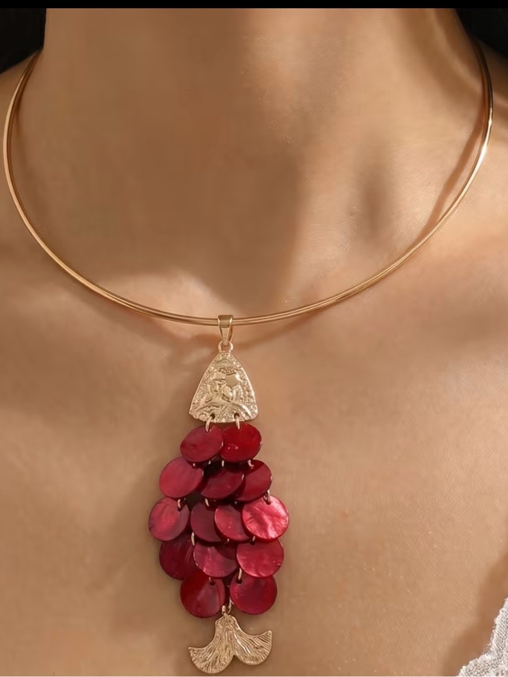Gold Choker Necklace with Red Shell Cascade Pendant